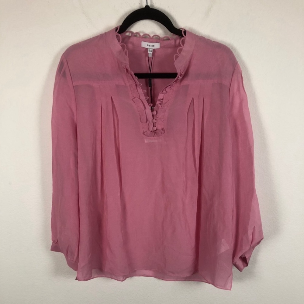 Reiss Ashlyn Ruffle Split Neck Long 3/4 Sleeve Blouse Pink Top  Women’s 10 NEW - Picture 3 of 6